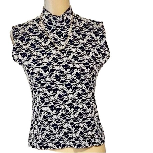 NICOLA Black White M/L Sleeveless Embroidered Look Mock Neck Top Y2K - Picture 1 of 9